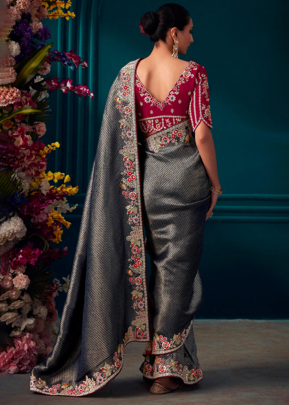Buy MySilkLove Corduroy Grey Woven Embroidered Banarasi Silk Saree Online