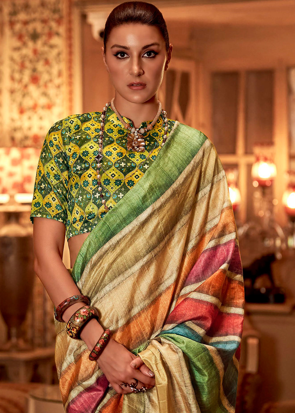 Buy MySilkLove Aztec Multicolored Cream and Green Printed Banarasi Saree Online