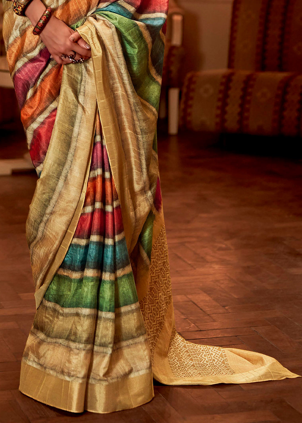 Buy MySilkLove Aztec Multicolored Cream and Green Printed Banarasi Saree Online