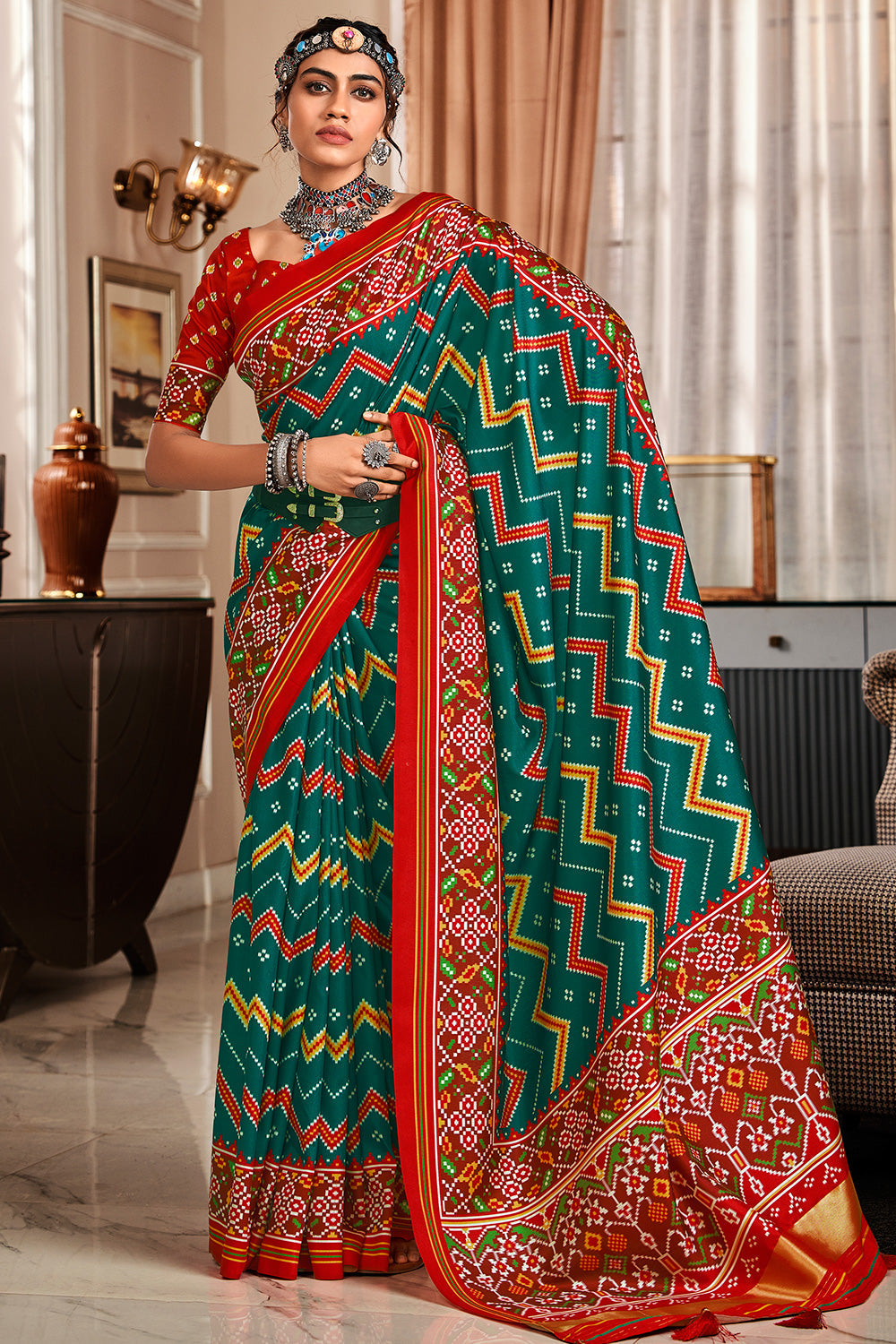 Buy MySilkLove Evening Sea Green and Red Printed Patola Saree Online