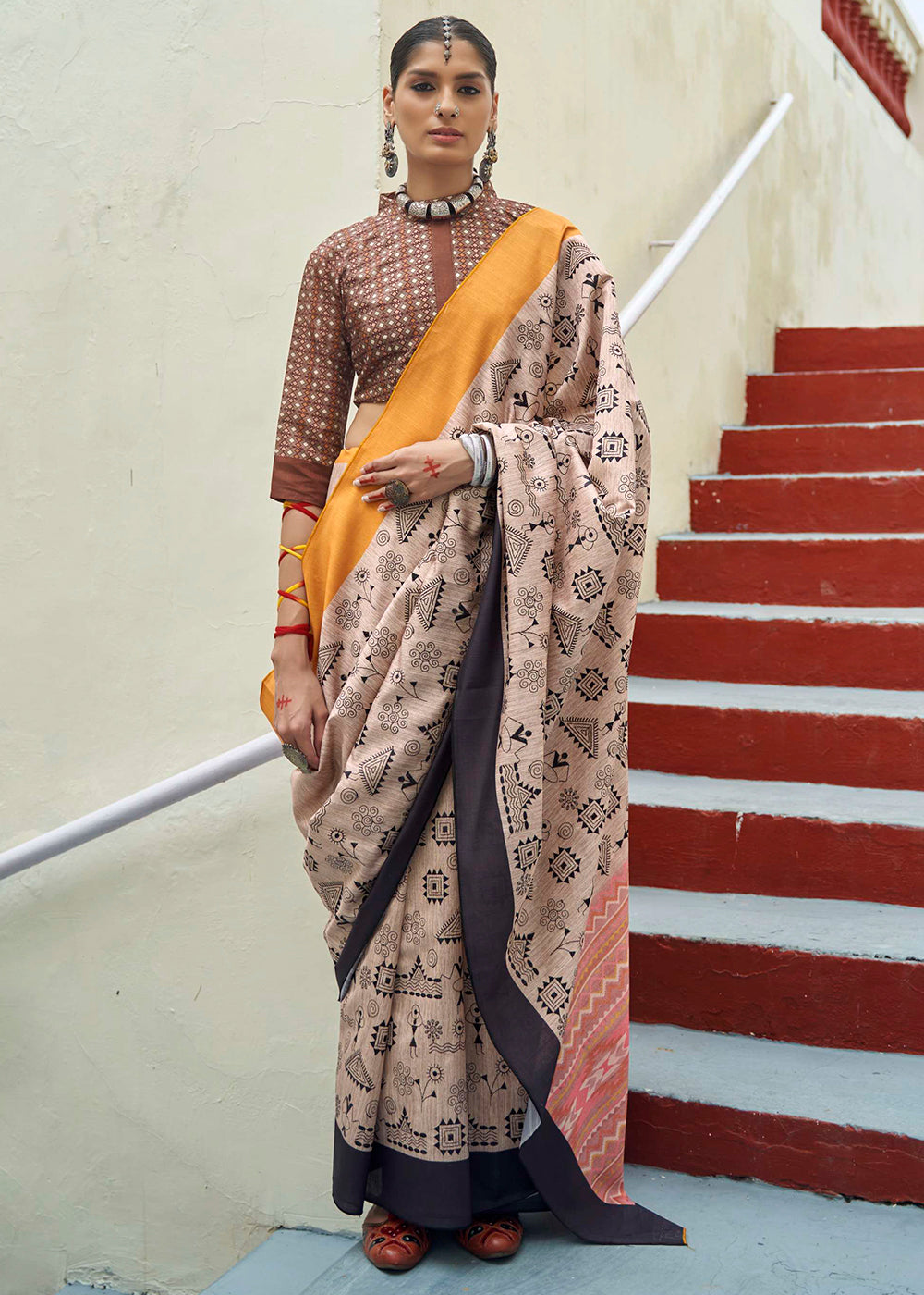 Buy MySilkLove Cameo Brown and Yellow Printed Designer Banarasi Saree Online