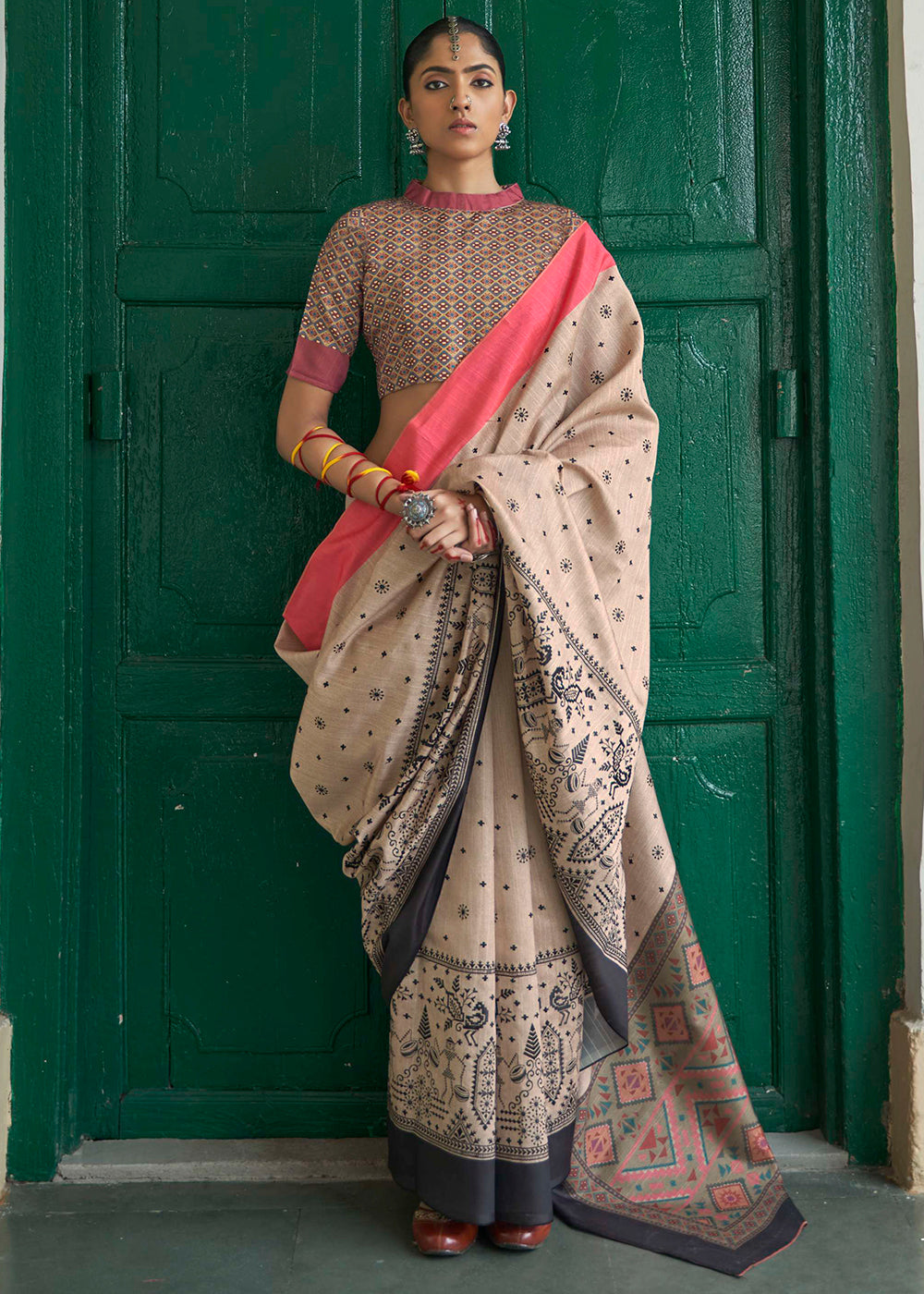 Buy MySilkLove Vanilla Cream and Pink Printed Designer Banarasi Saree Online