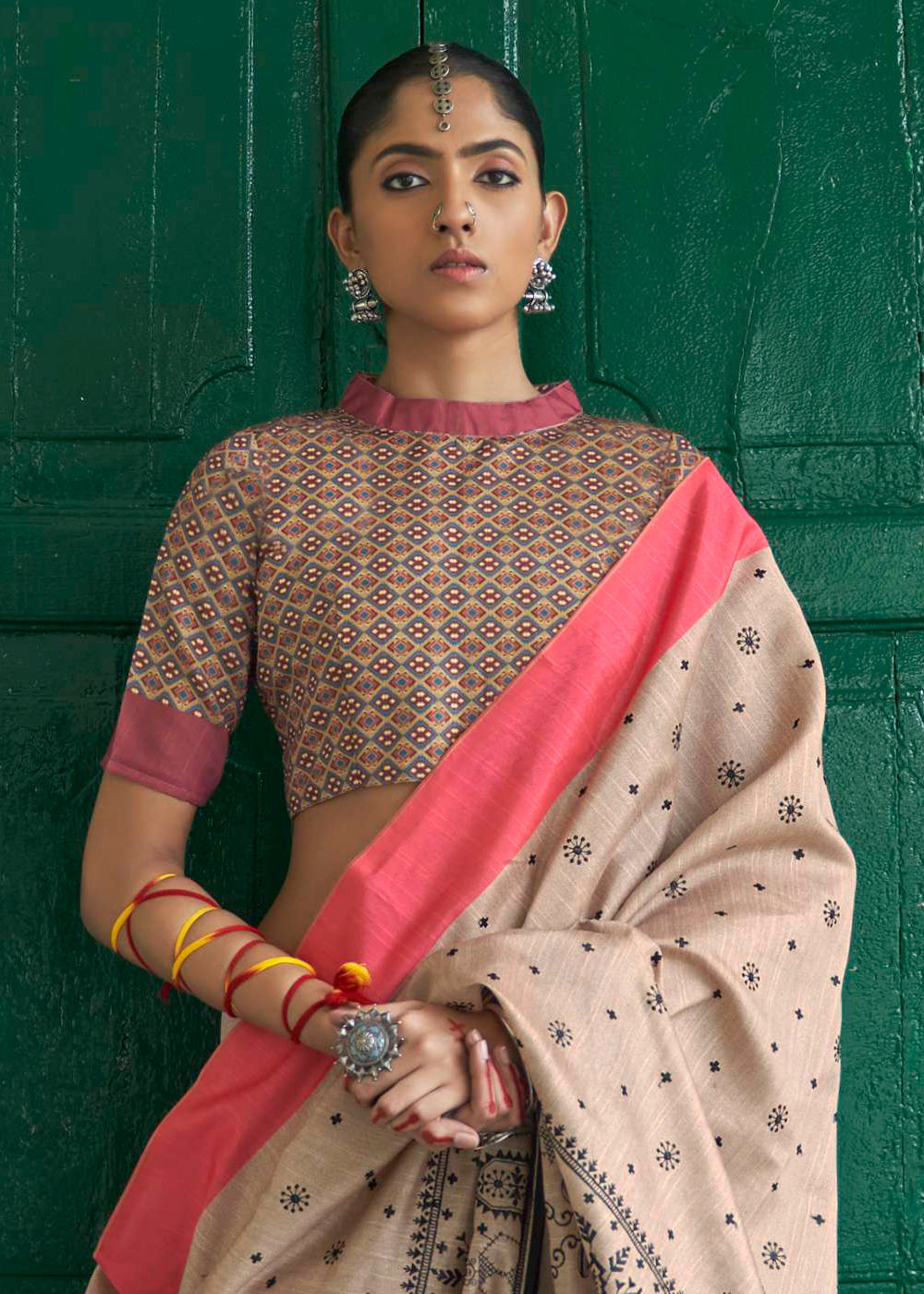 Buy MySilkLove Vanilla Cream and Pink Printed Designer Banarasi Saree Online