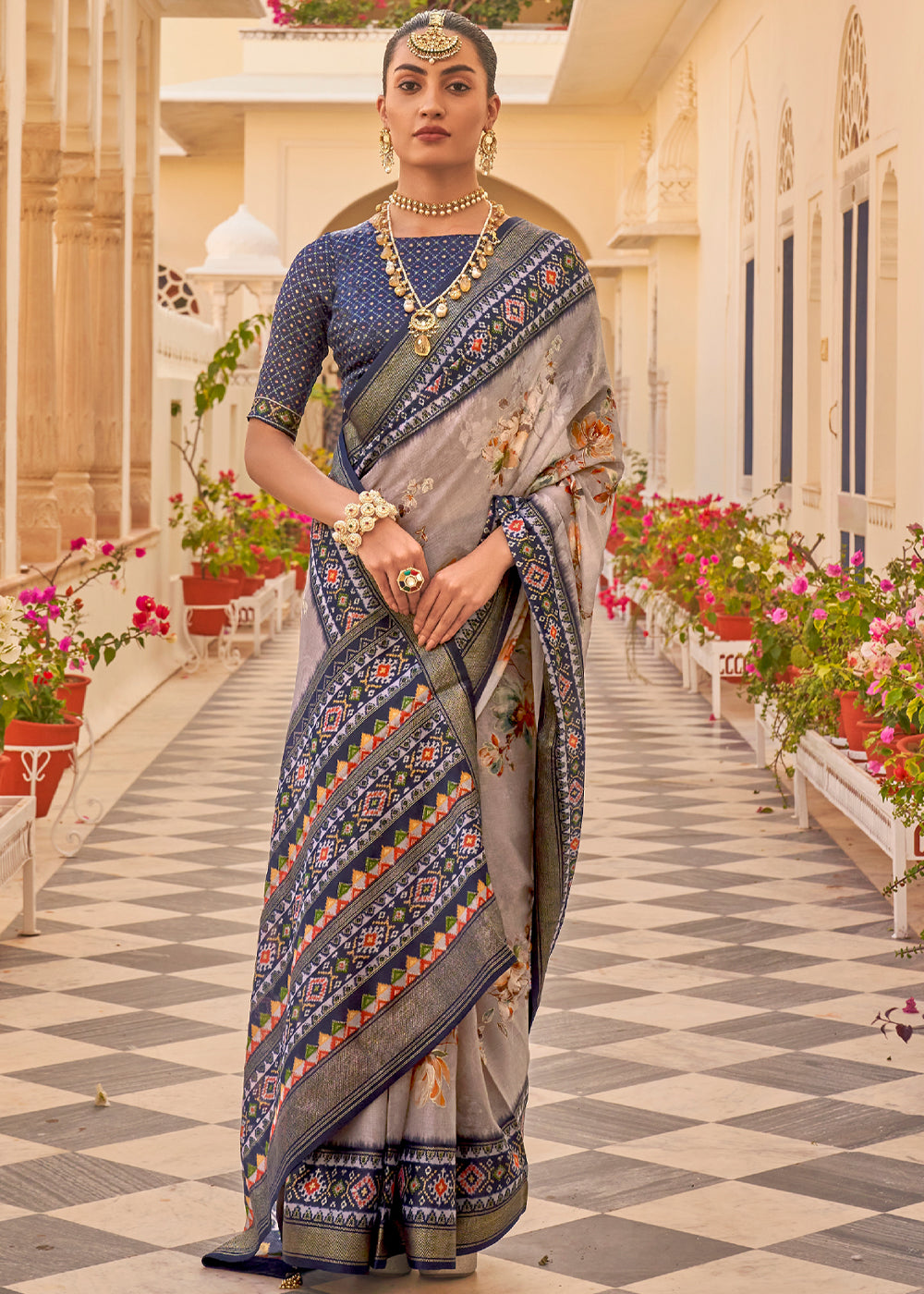 Buy MySilkLove Beaver Grey Printed Chiffon Patola Silk Saree Online