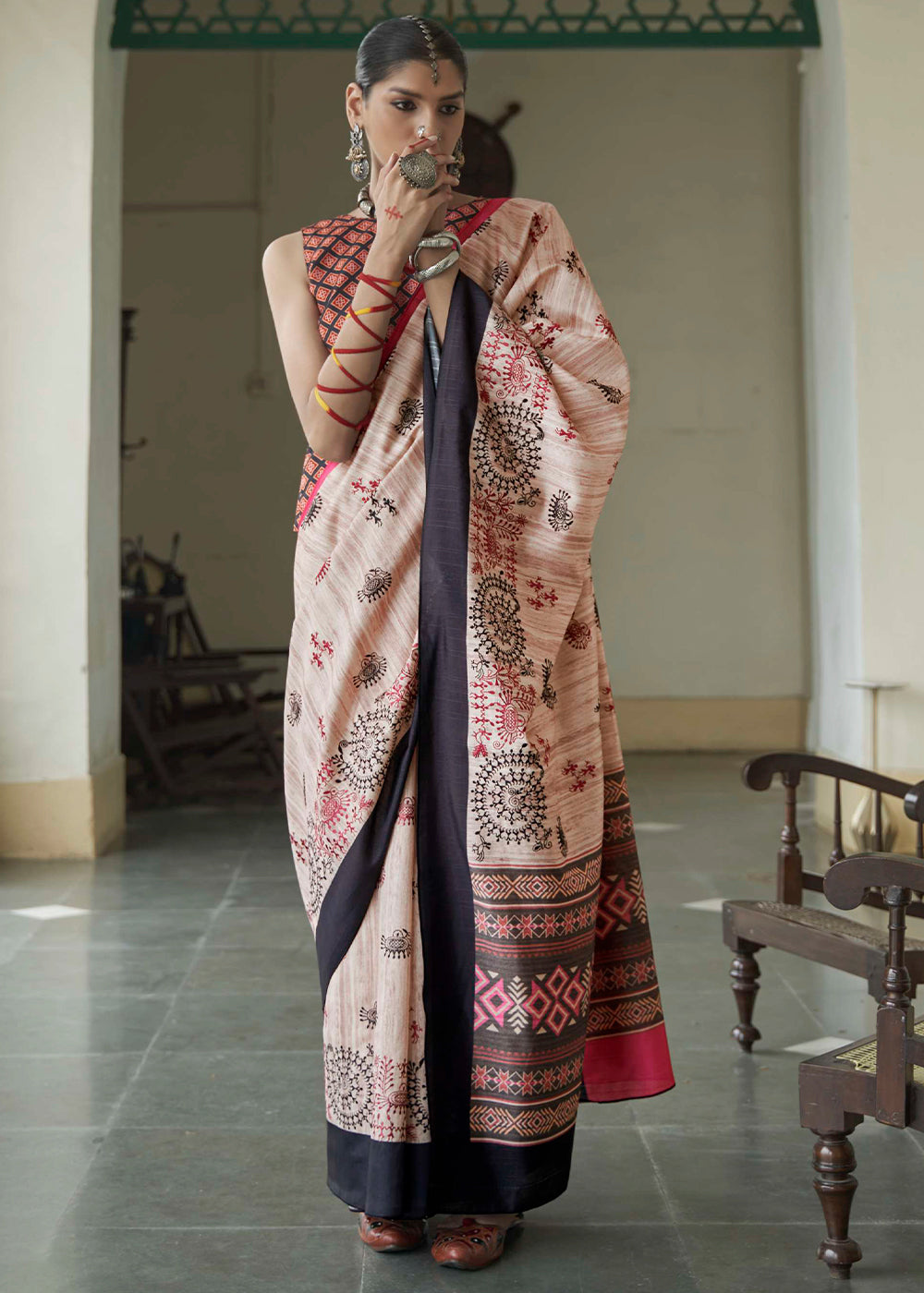 Buy MySilkLove Sandrift Brown and Pink Printed Designer Banarasi Saree Online