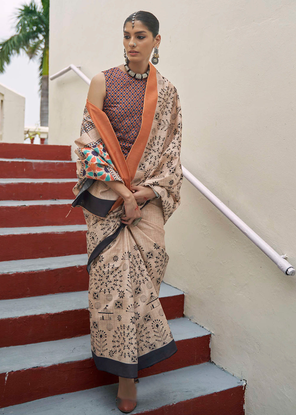 Buy MySilkLove Sisal Cream and Orange Printed Designer Banarasi Saree Online