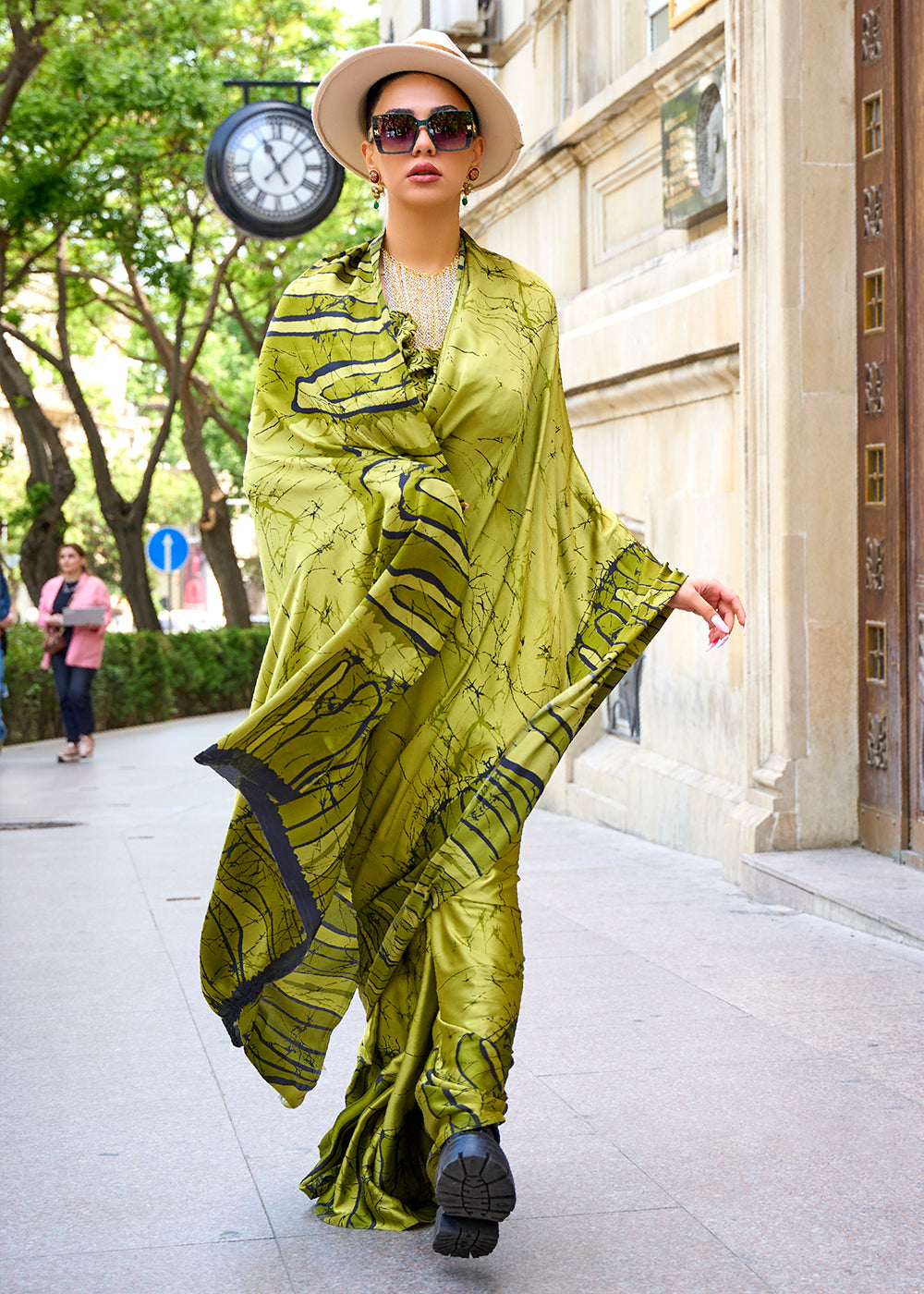 Buy MySilkLove Celery Green Printed Satin Crepe Sarees Online