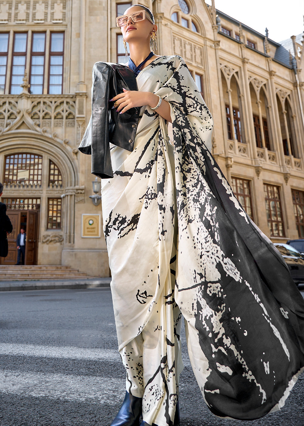 Buy MySilkLove Iron White and Black Printed Satin Crepe Saree Online