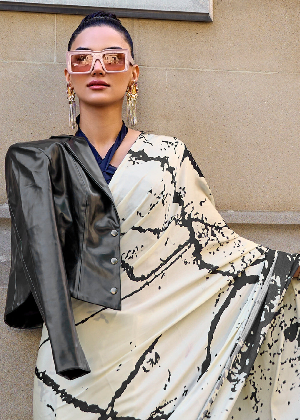 Buy MySilkLove Iron White and Black Printed Satin Crepe Saree Online