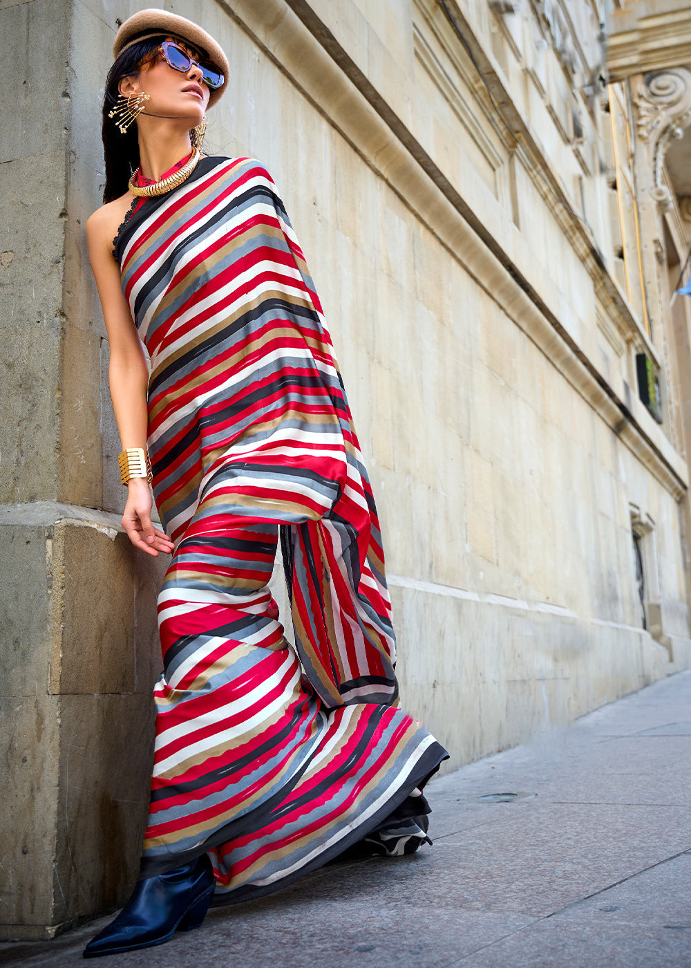Buy MySilkLove Cardinal Red and Black Printed Satin Crepe Sarees Online