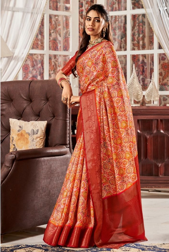 Buy MySilkLove Fire Orange and Maroon Printed Satin Silk Saree Online