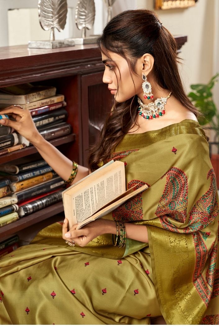 Buy MySilkLove Russet Green Printed Satin Silk Saree Online