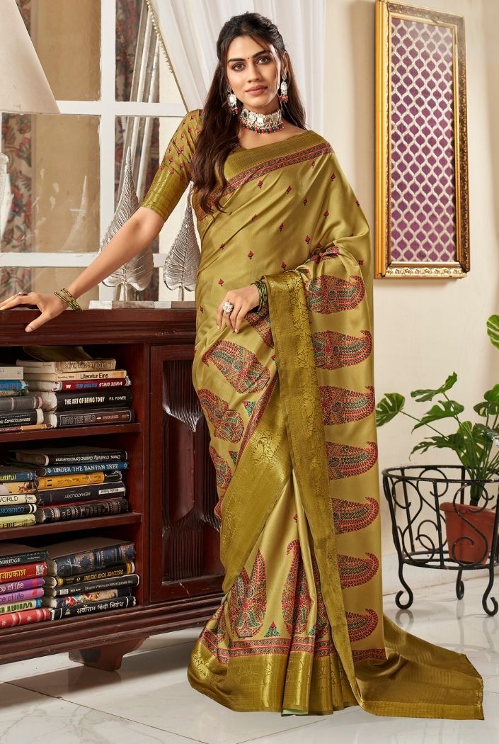 Buy MySilkLove Russet Green Printed Satin Silk Saree Online