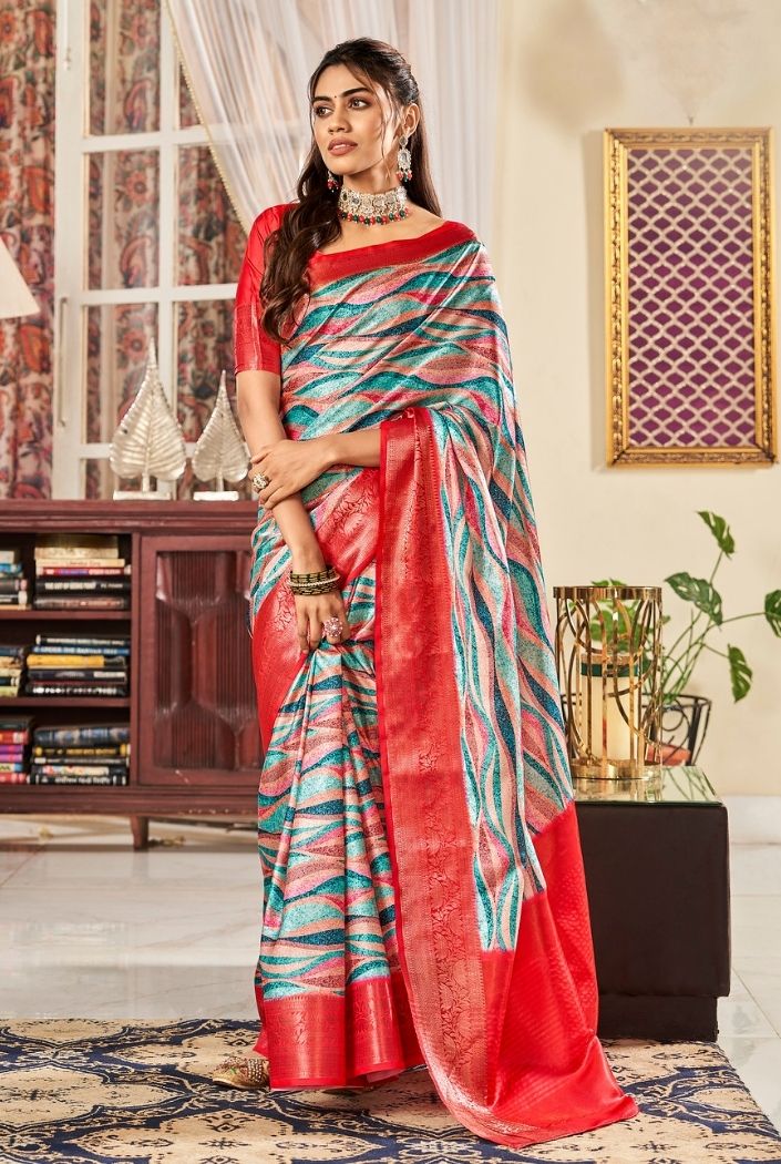 Buy MySilkLove Monte Carlo Blue and Red Printed Satin Silk Saree Online