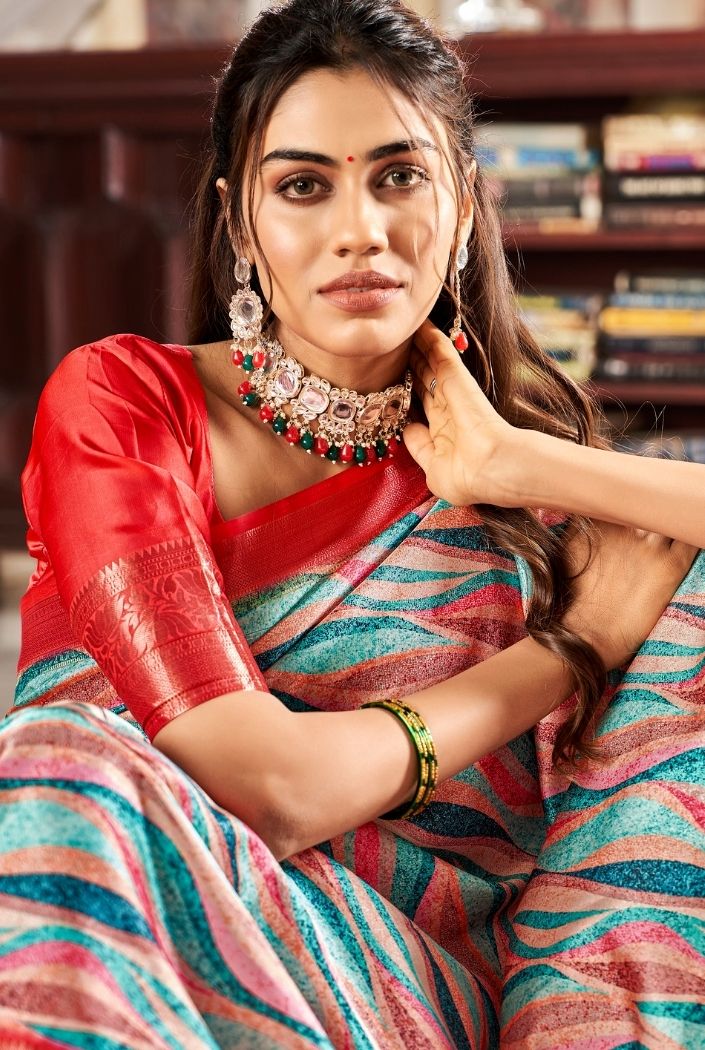 Buy MySilkLove Monte Carlo Blue and Red Printed Satin Silk Saree Online
