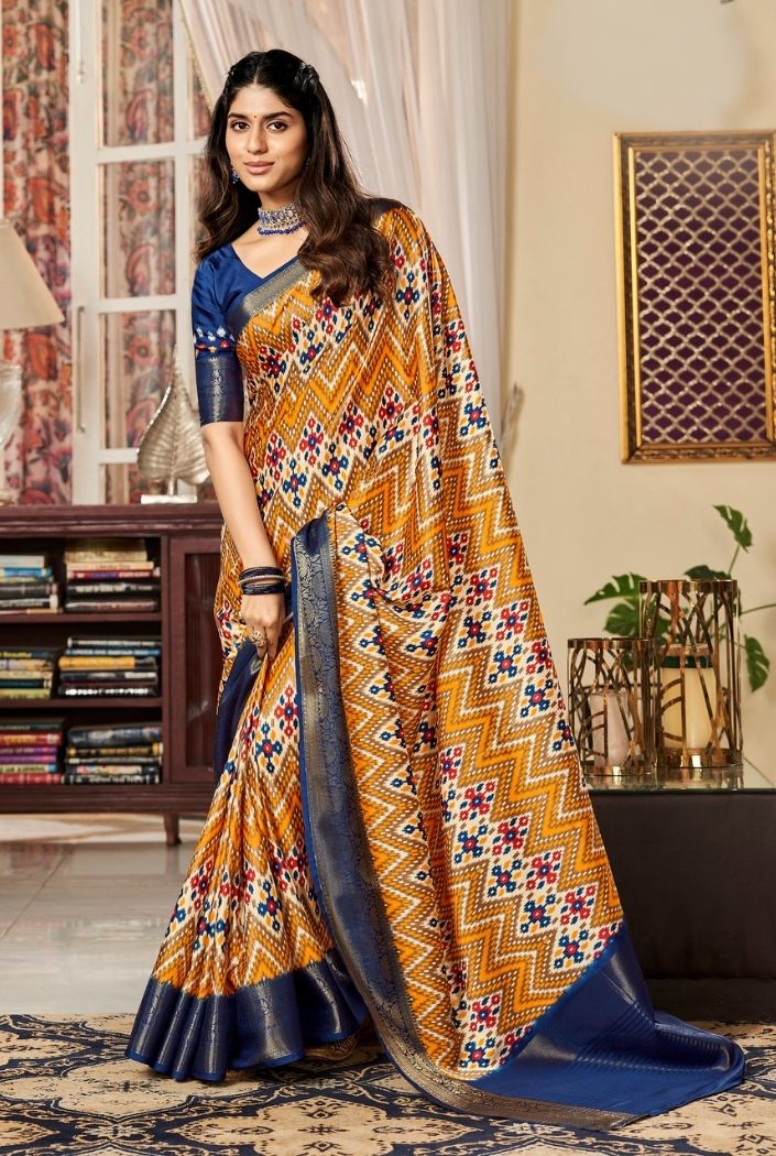Buy MySilkLove Brandy Punch Orange and Blue Printed Satin Silk Saree Online