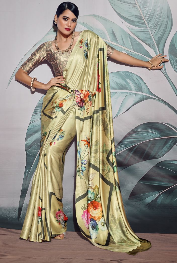 Buy MySilkLove Locust Green Printed Satin Silk Saree Online
