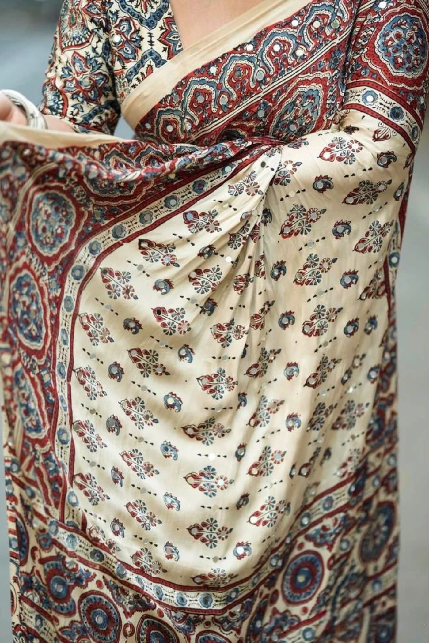 Buy MySilkLove Fawn Beige Modal Ajrakh Satin Printed Mirror Work Saree Online