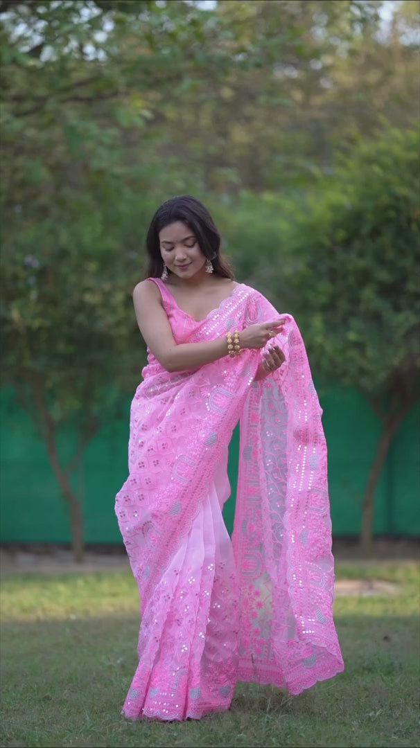 Buy MySilkLove Carnation Pink Designer Organza saree with Sequence Work Online