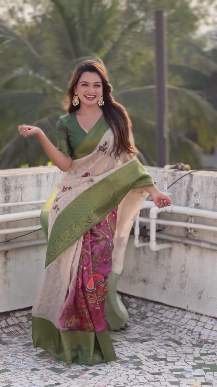Buy MySilkLove Heathered Cream and Green Woven Cotton Saree Online
