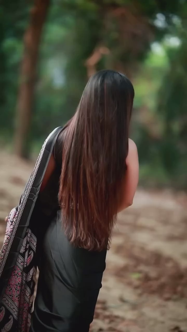 Buy MySilkLove Asphalt Black Ajrakh Printed Satin Crepe Silk Saree Online