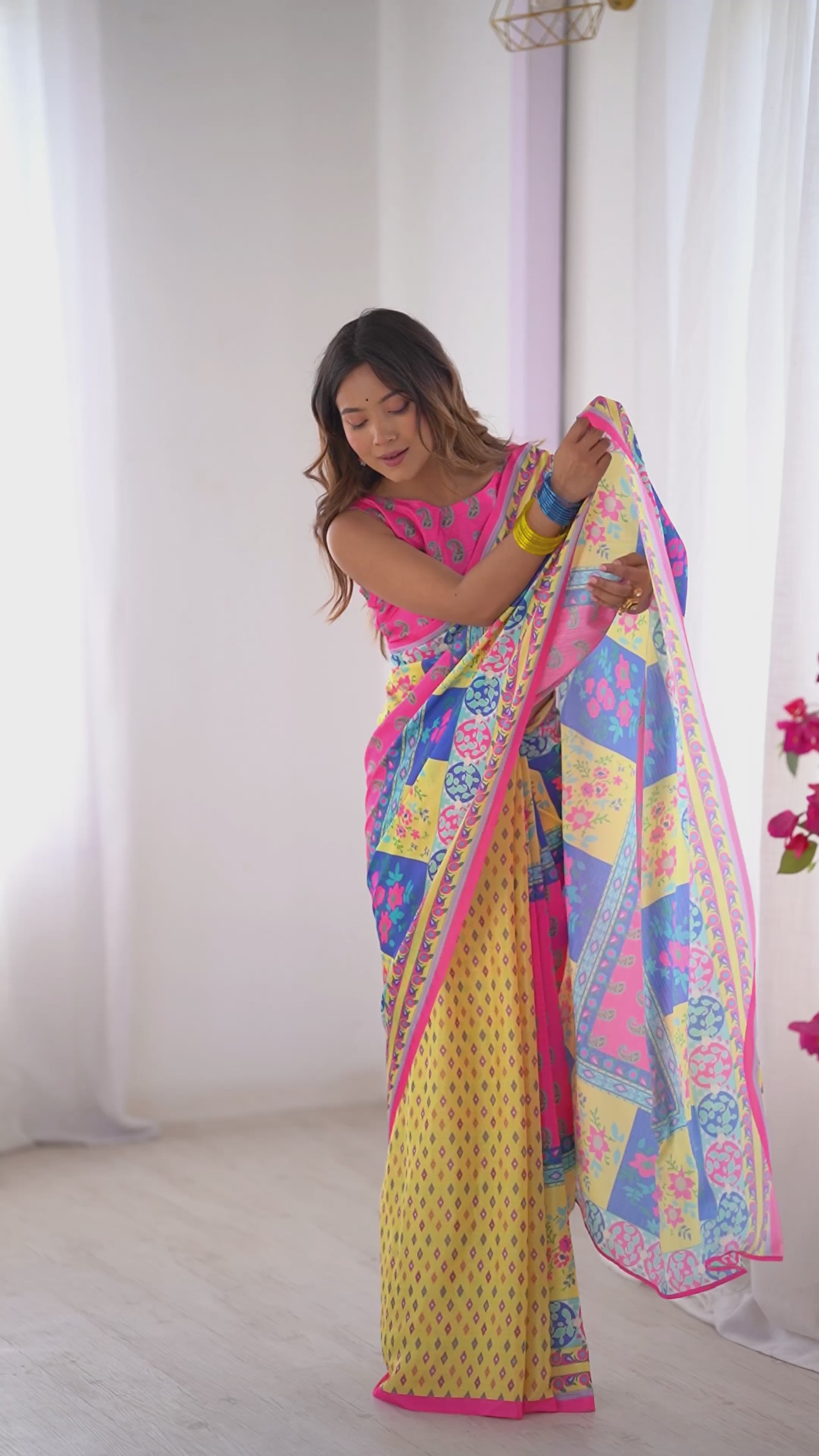 Buy MySilkLove Multicolor Pink Chinon Printed Saree Online