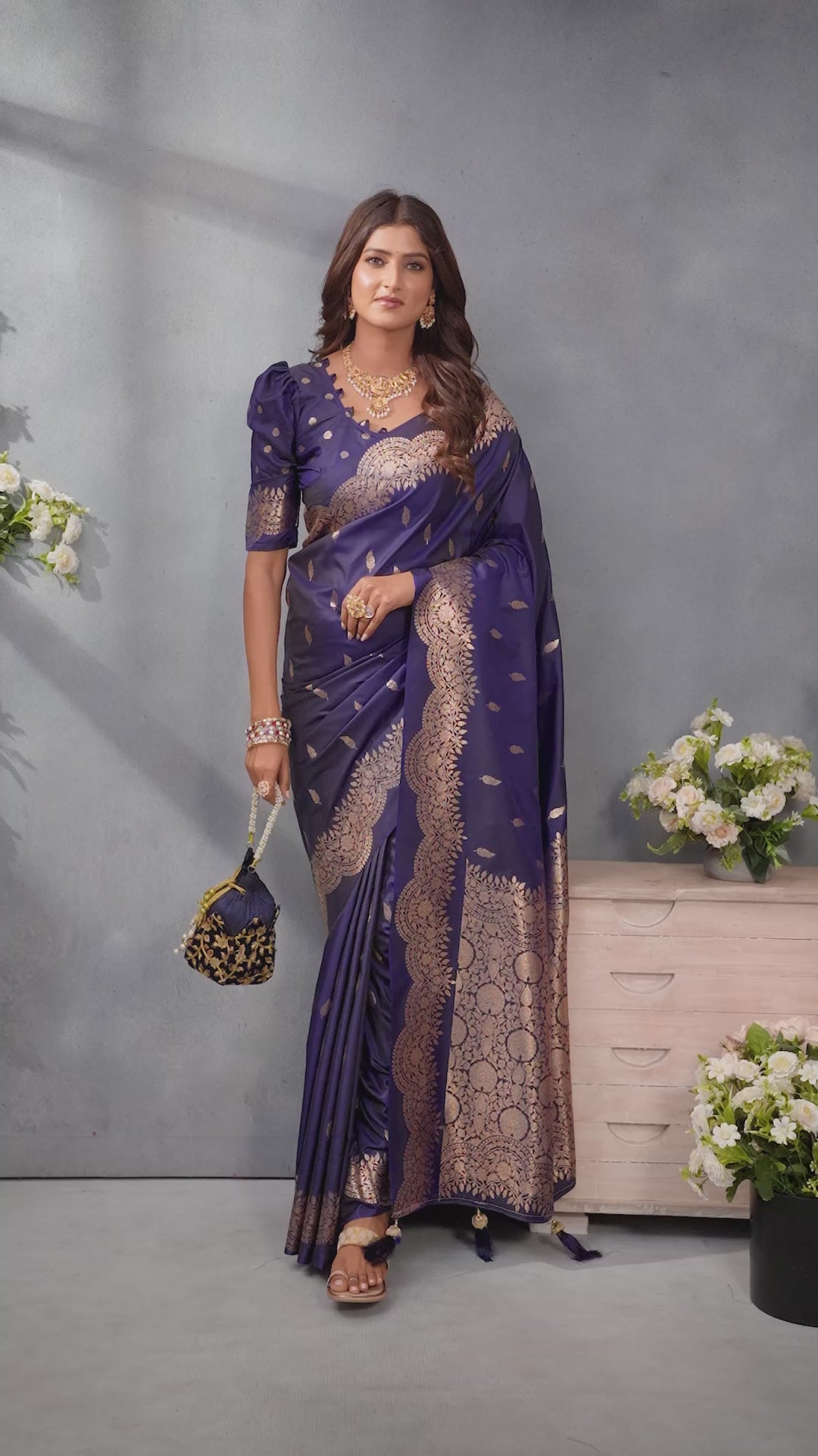 Buy MySilkLove Mulled Blue Woven Banarasi Saree Online