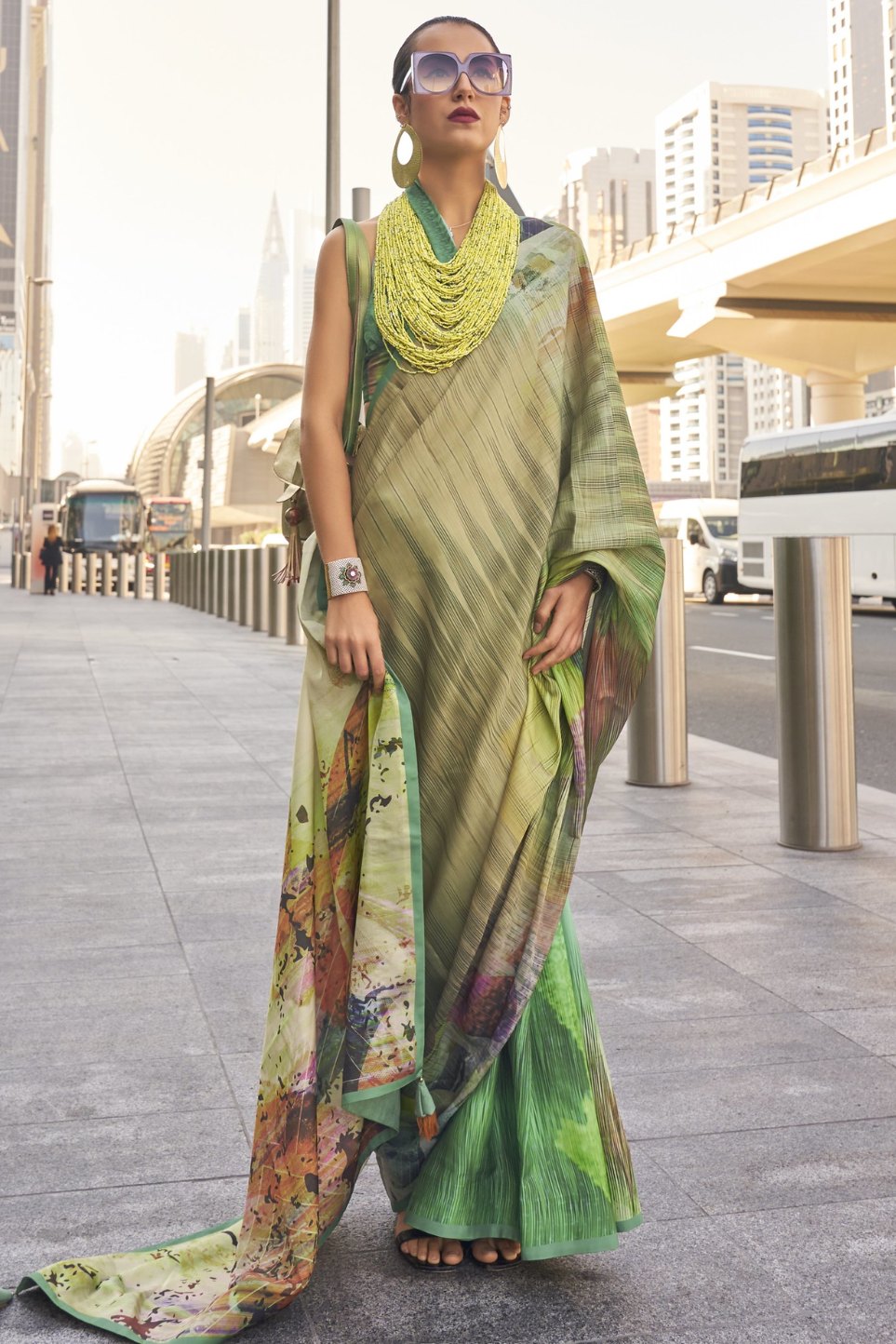 Buy MySilkLove Hippie Green Digital Printed Satin Silk Saree Online