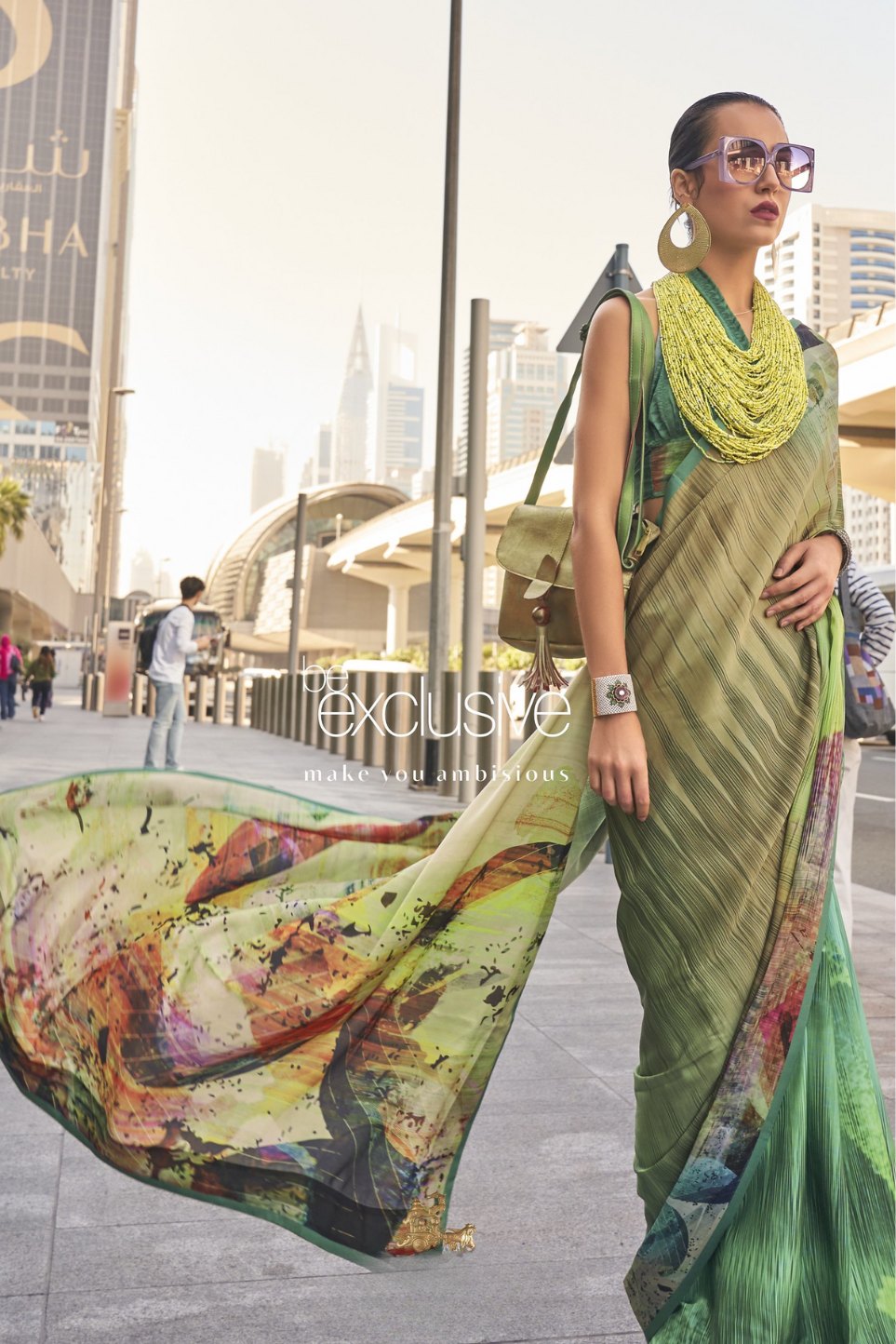 Buy MySilkLove Hippie Green Digital Printed Satin Silk Saree Online