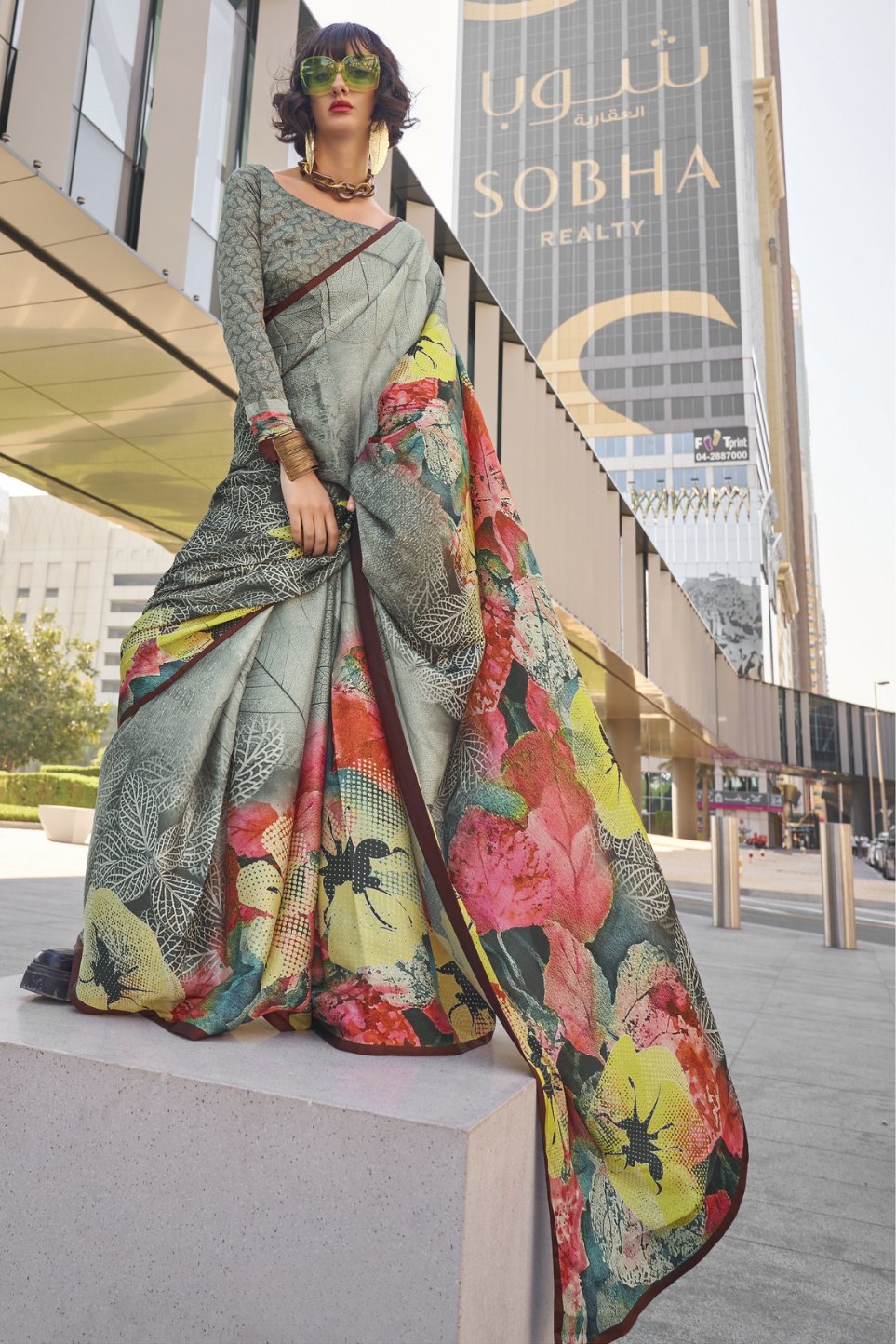 Buy MySilkLove Bitter Grey Digital Printed Satin Silk Saree Online
