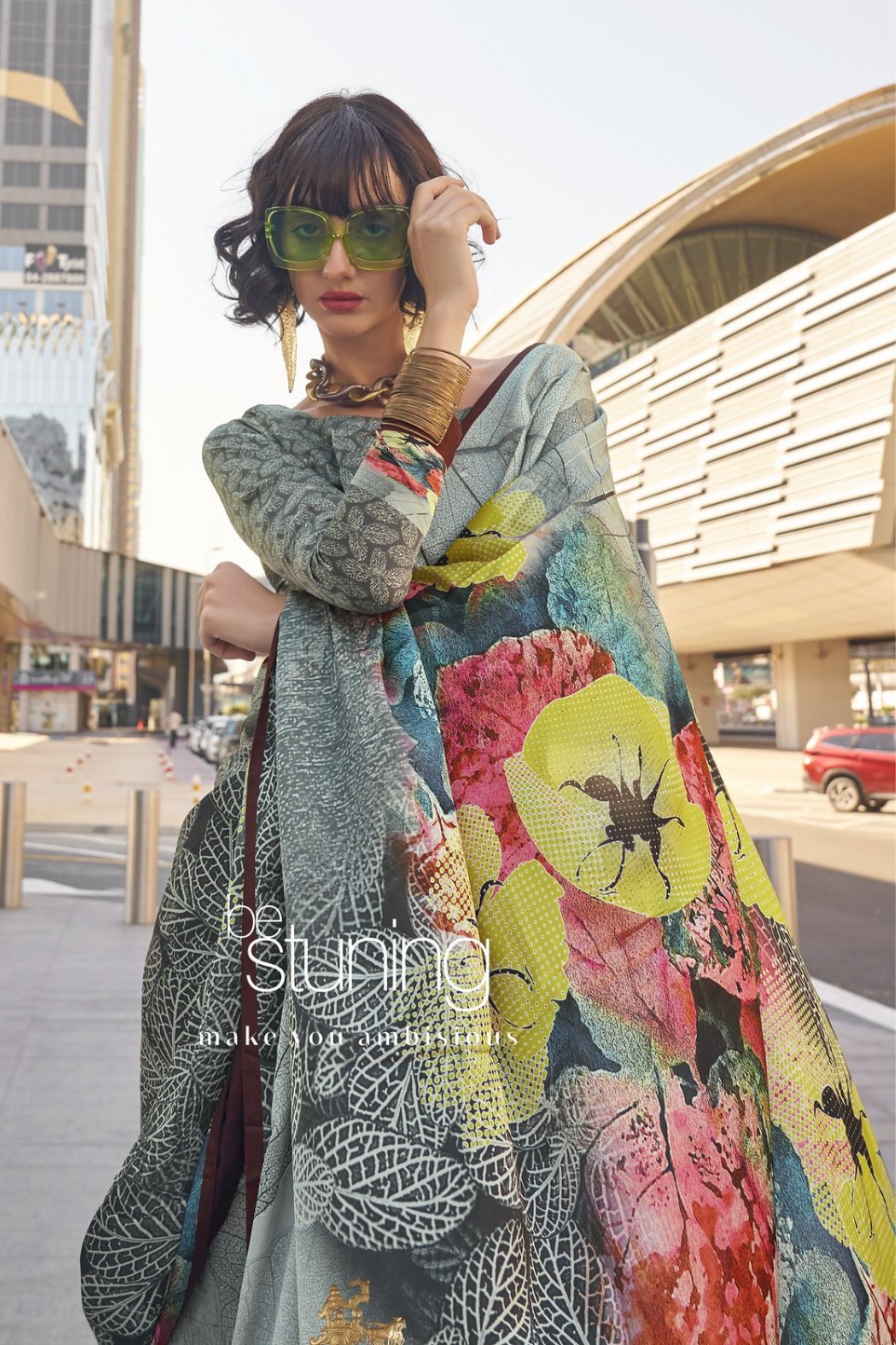 Buy MySilkLove Bitter Grey Digital Printed Satin Silk Saree Online