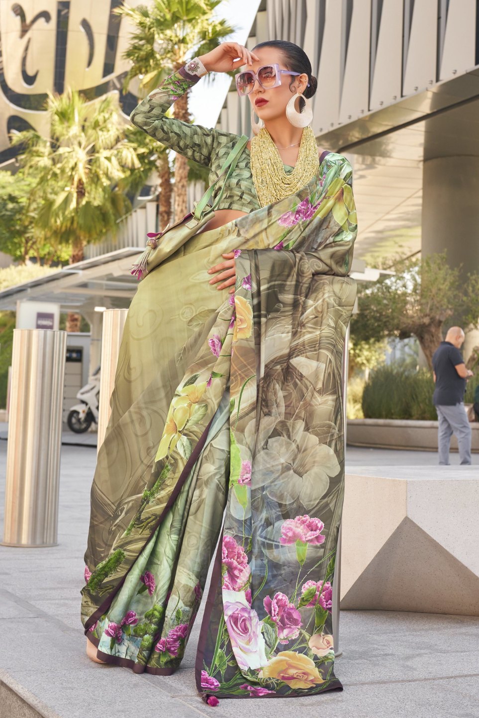 Buy MySilkLove Olive Green and Yellow Digital Printed Satin Silk Saree Online
