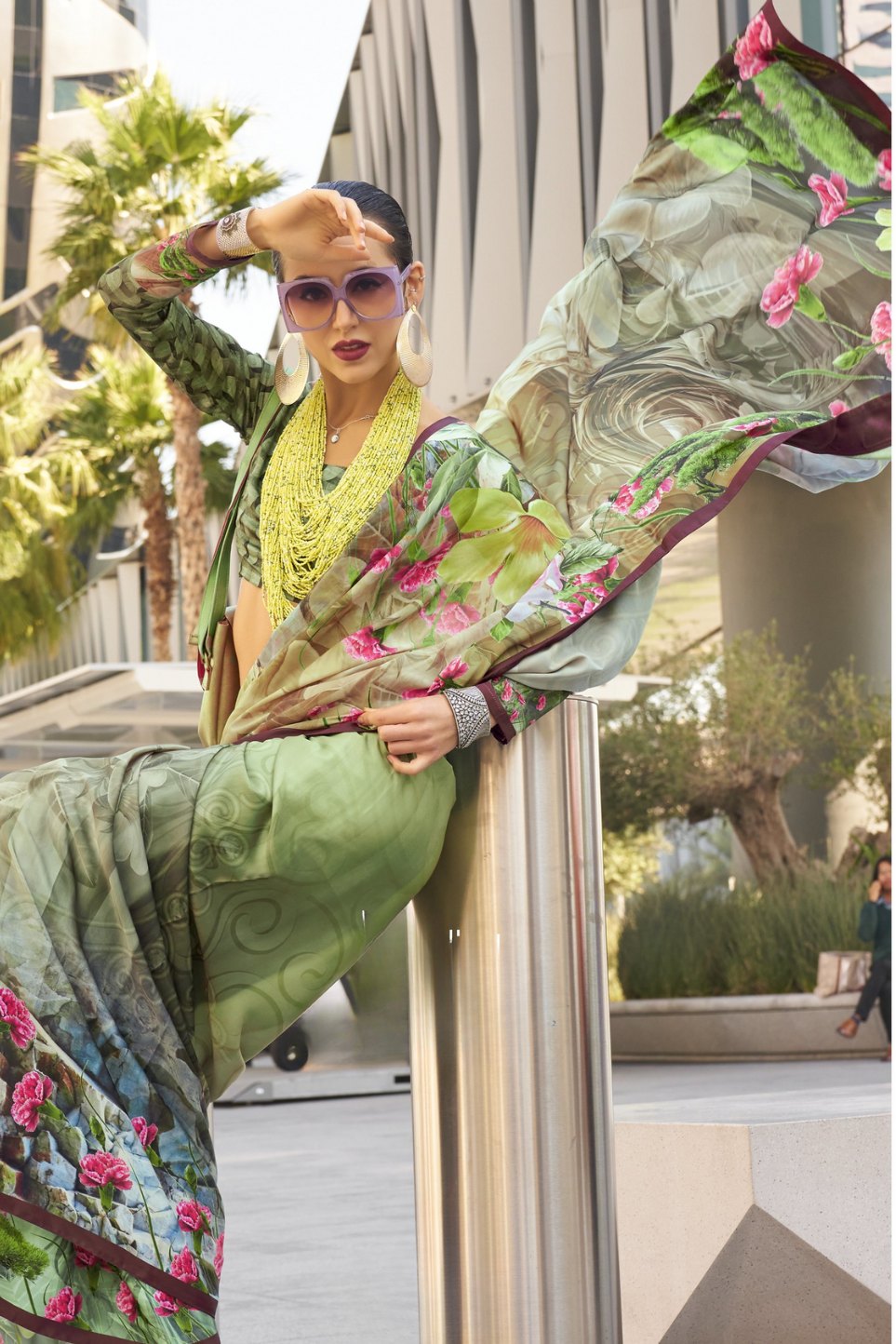 Buy MySilkLove Olive Green and Yellow Digital Printed Satin Silk Saree Online