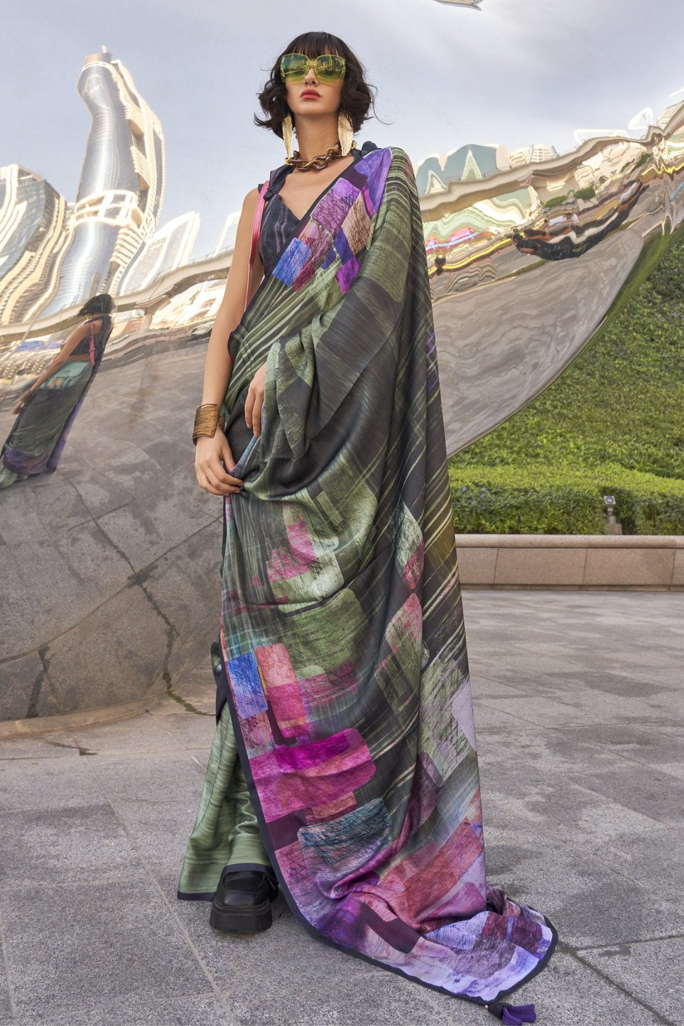 Buy MySilkLove Soya Bean Green Digital Printed Satin Silk Saree Online