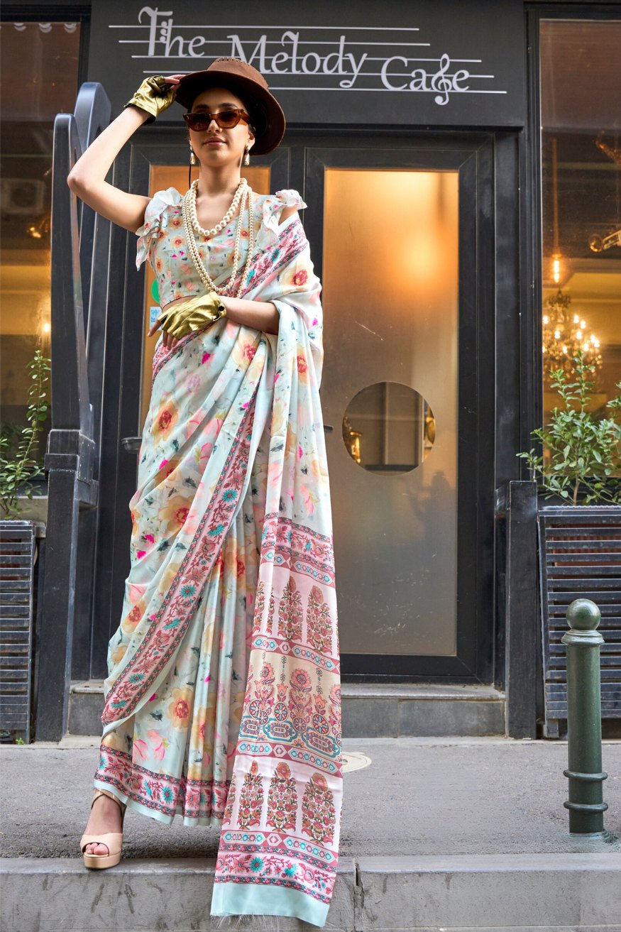 Buy MySilkLove Swans Down Blue Satin Silk Saree Online