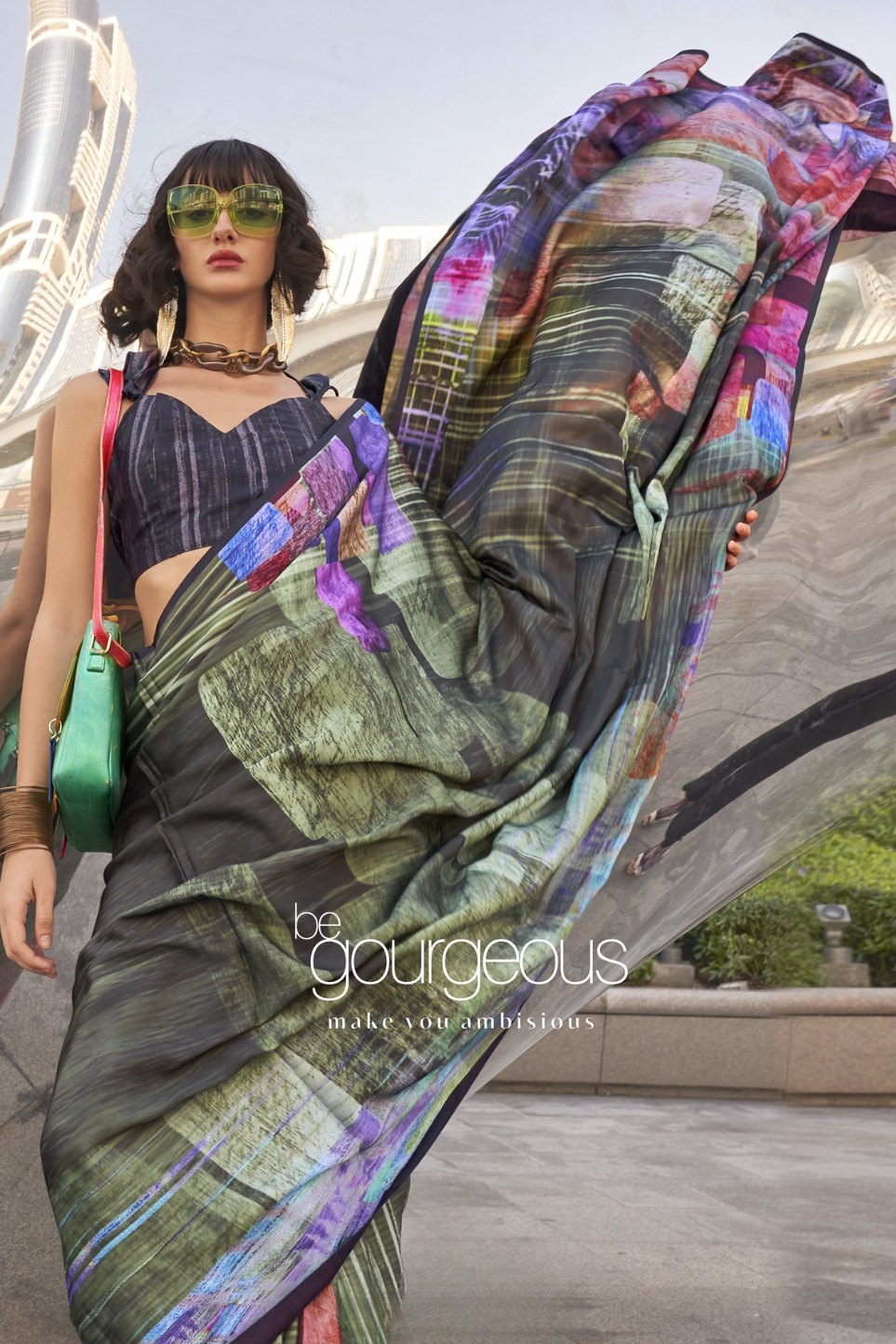 Buy MySilkLove Soya Bean Green Digital Printed Satin Silk Saree Online