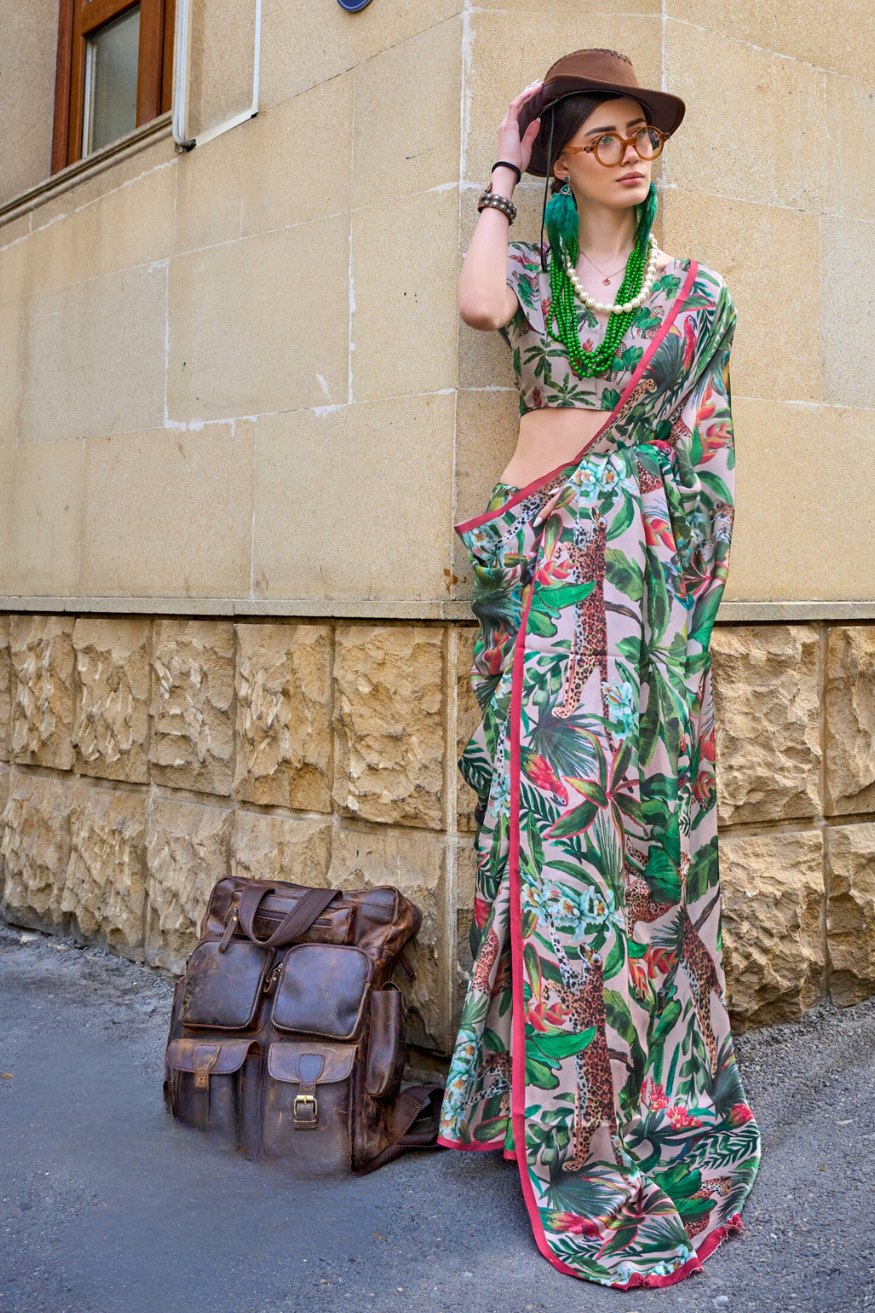 Buy MySilkLove Aqua Forest Green Satin Silk Saree Online