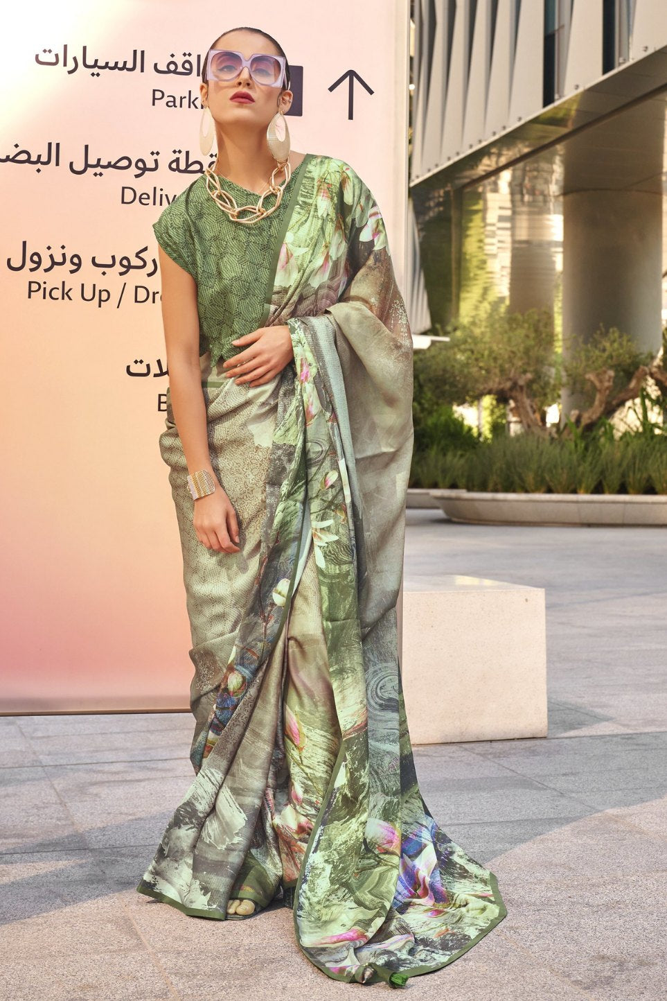 Buy MySilkLove Limed Ash Green Digital Printed Satin Silk Saree Online