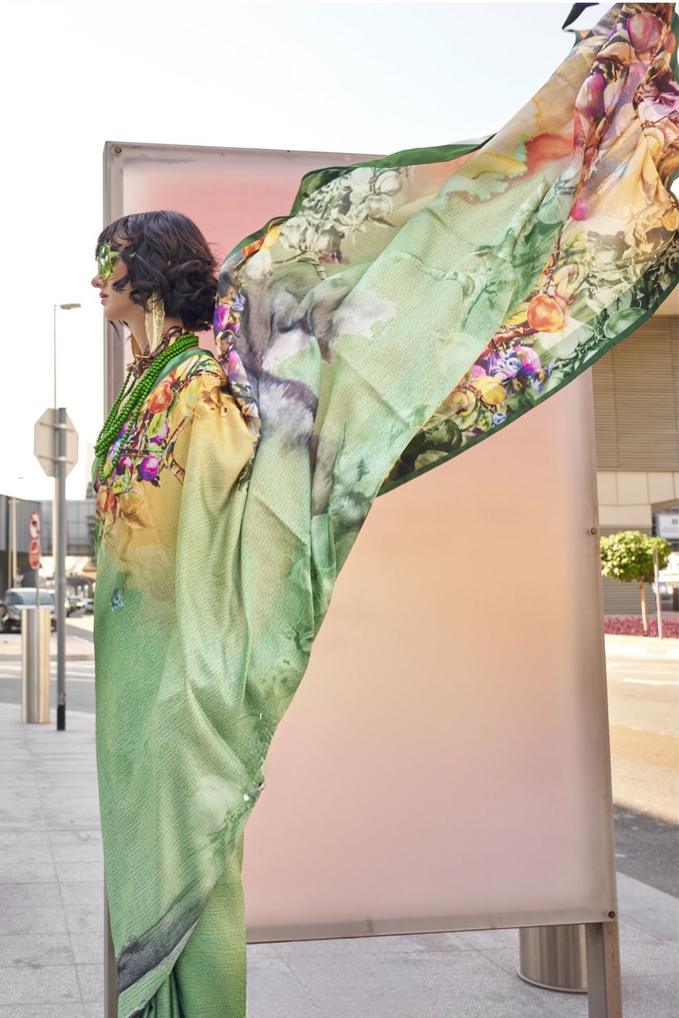 Buy MySilkLove Pista Green Digital Printed Satin Silk Saree Online