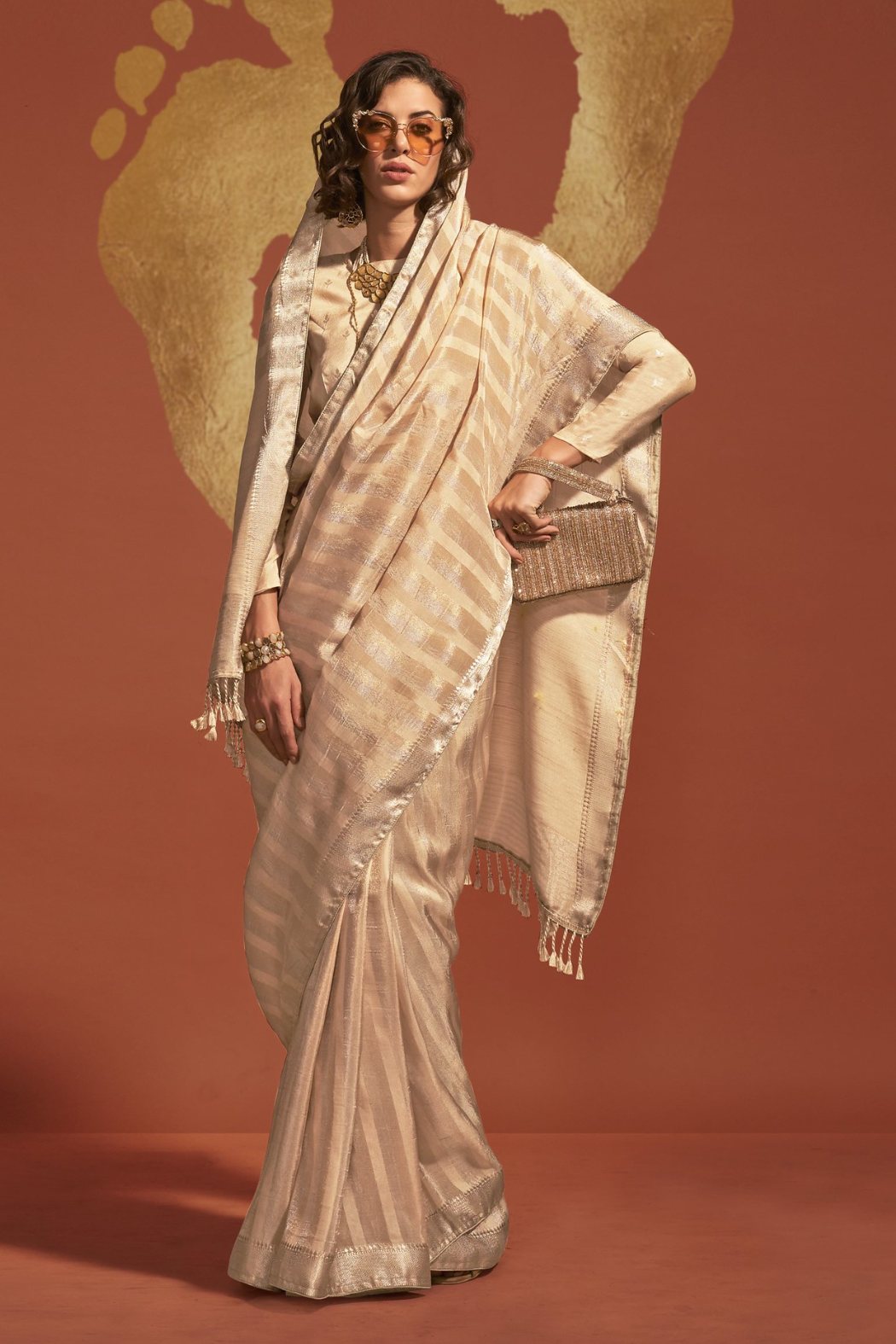 Buy MySilkLove Sugar Cookie Cream Banarasi Handloom Silk Saree Online