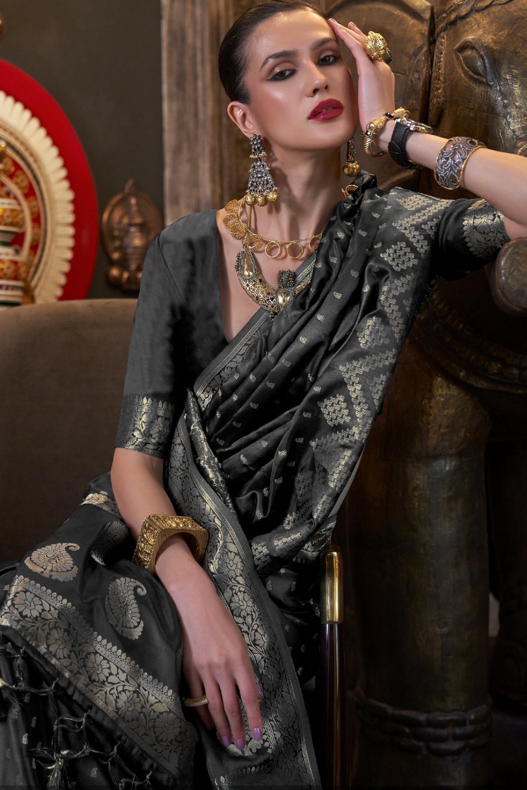 Buy MySilkLove Mine Shaft Black Banarasi Handloom Satin Silk saree Online
