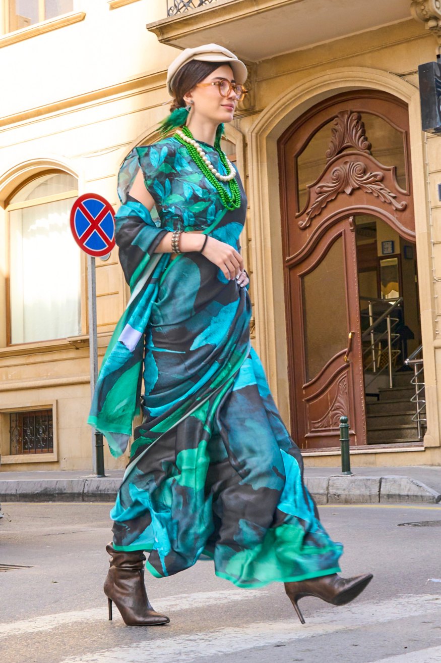 Buy MySilkLove Blue Lagoon and Black Satin Silk Saree Online