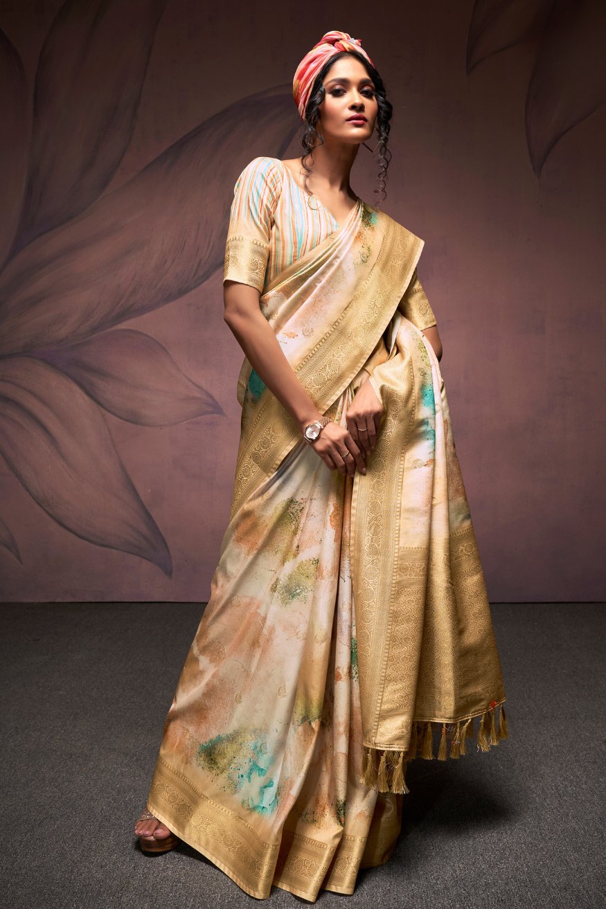 Buy MySilkLove Calico Cream Banarasi Digital Printed Silk Saree Online