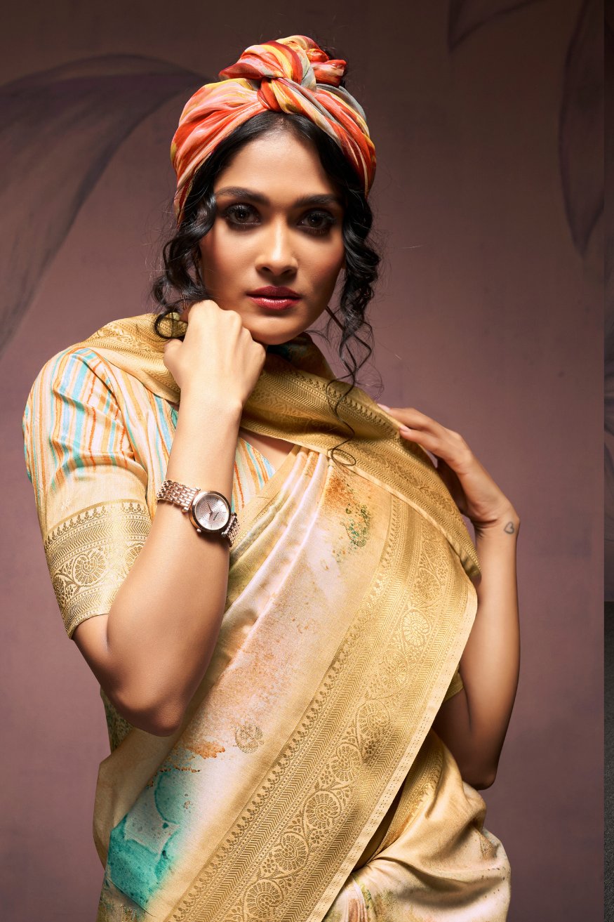 Buy MySilkLove Calico Cream Banarasi Digital Printed Silk Saree Online