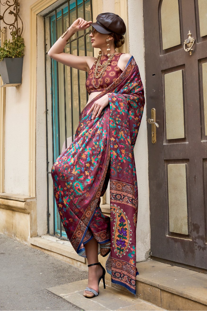 Buy MySilkLove Camelot Brown Satin Silk Saree Online