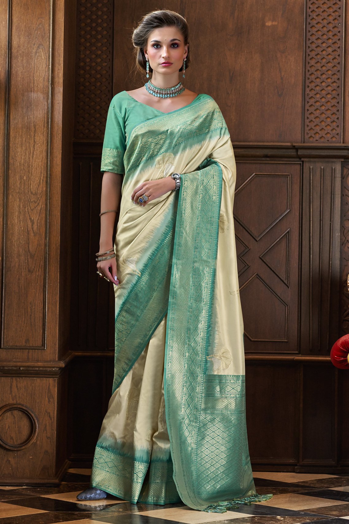 Buy MySilkLove Vanila Cream and Green Zari Woven Banarasi Saree Online