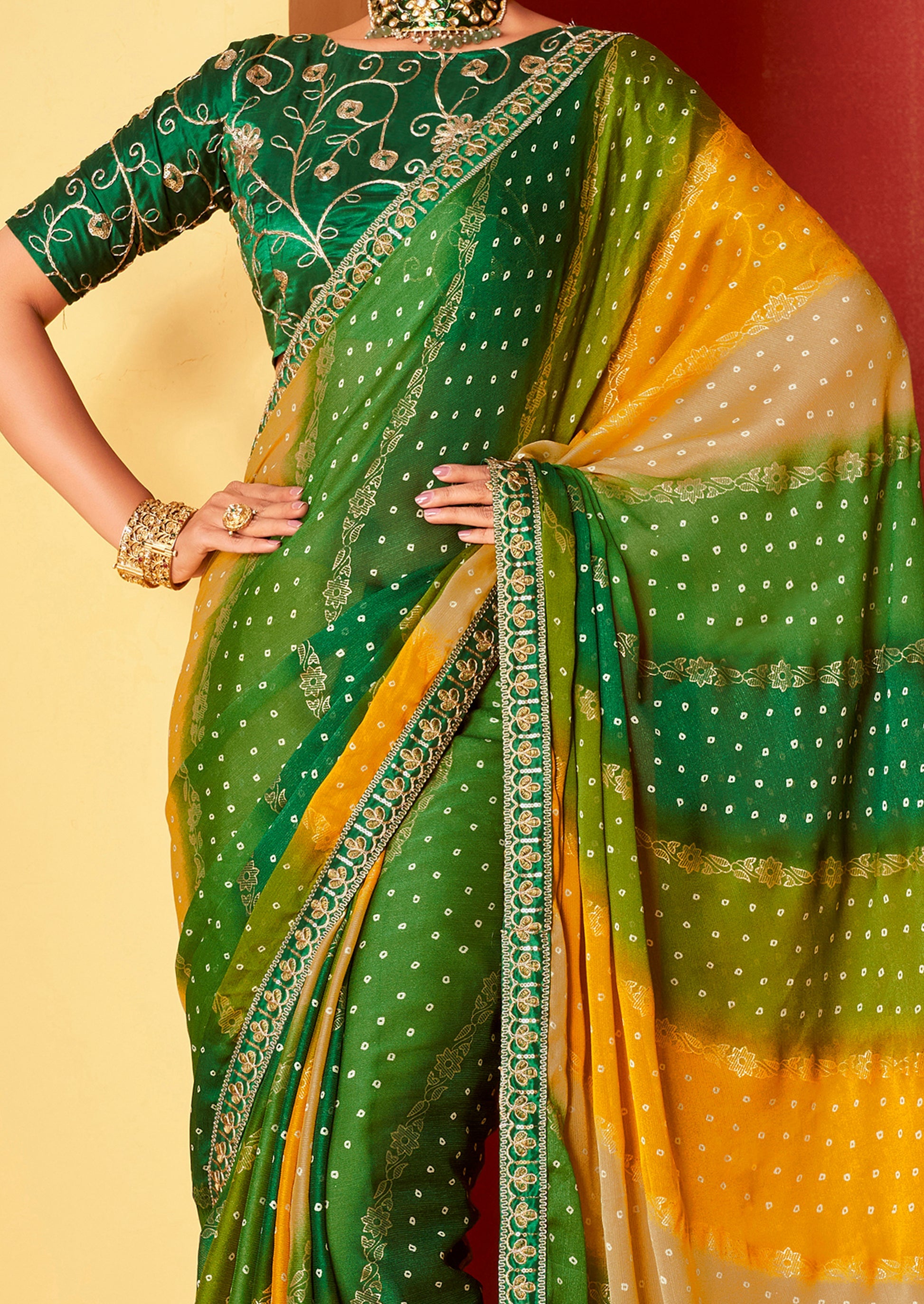 Buy MySilkLove Emerald Green and Yellow Chiffon Bandhani Embroidery Saree Online