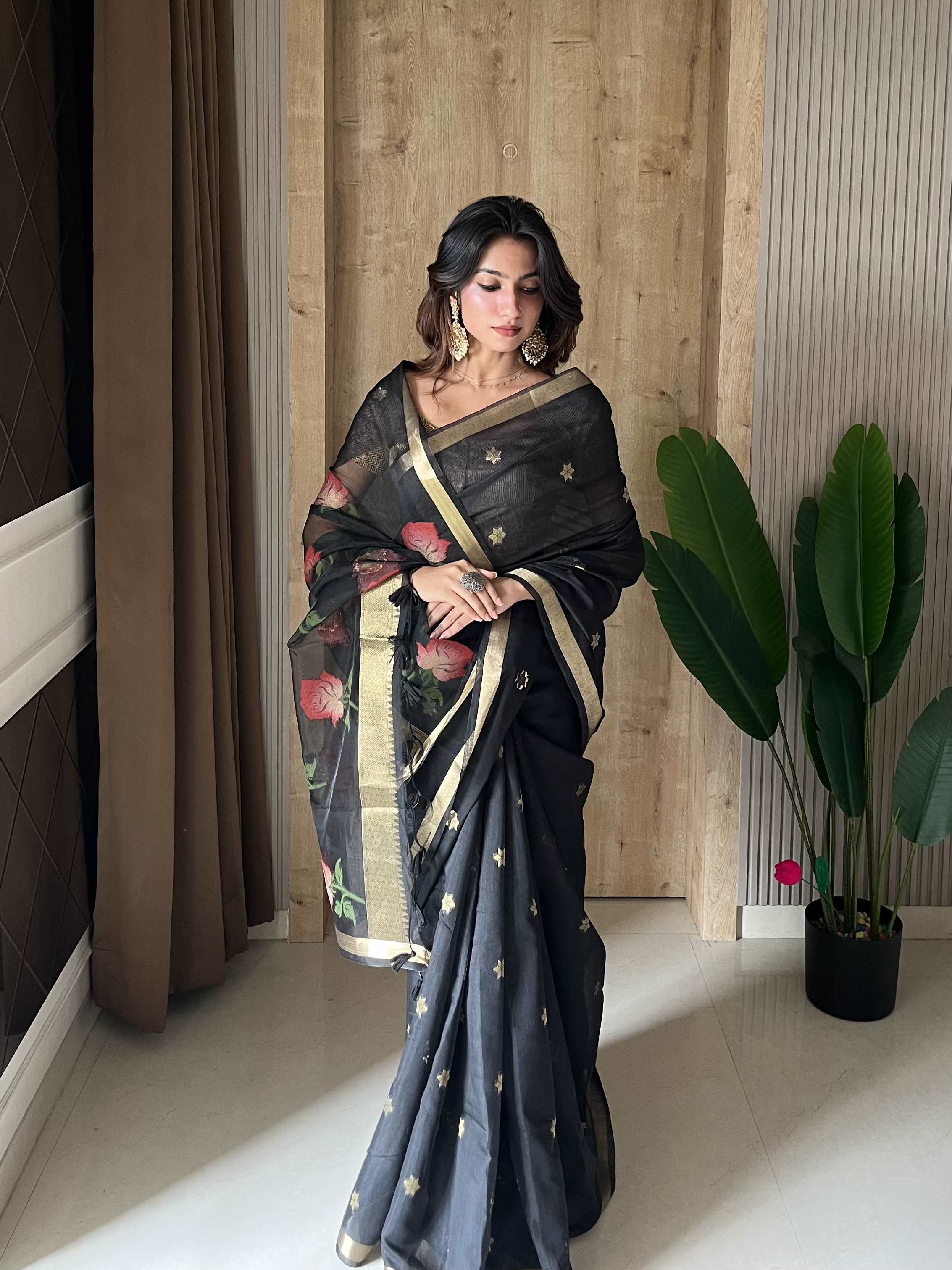 Buy MySilkLove Ace Black Handloom Muga Cotton Saree Online