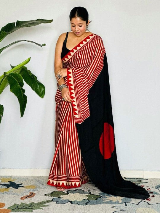Buy MySilkLove Candy Red Stripes Ajrakh Printed Satin Crepe Silk Saree Online