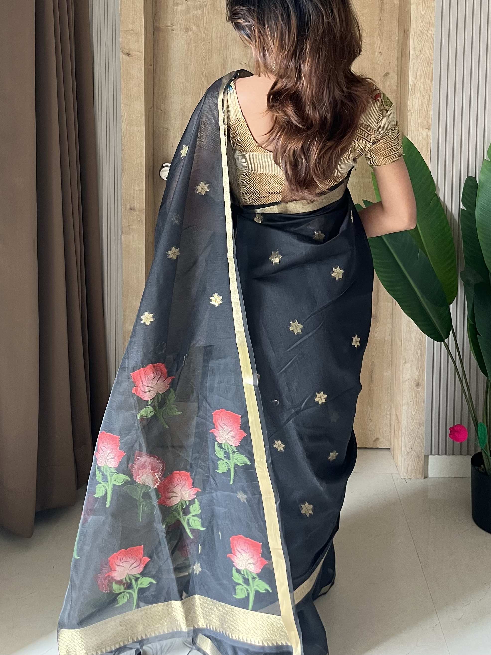Buy MySilkLove Ace Black Handloom Muga Cotton Saree Online